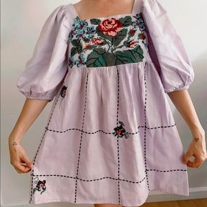Embroidered Puffy Sleeve Mini Dress.